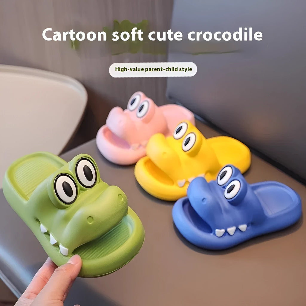 EVA platform sandals with animal pattern in pink, green, yellow, or blue for parents and children.