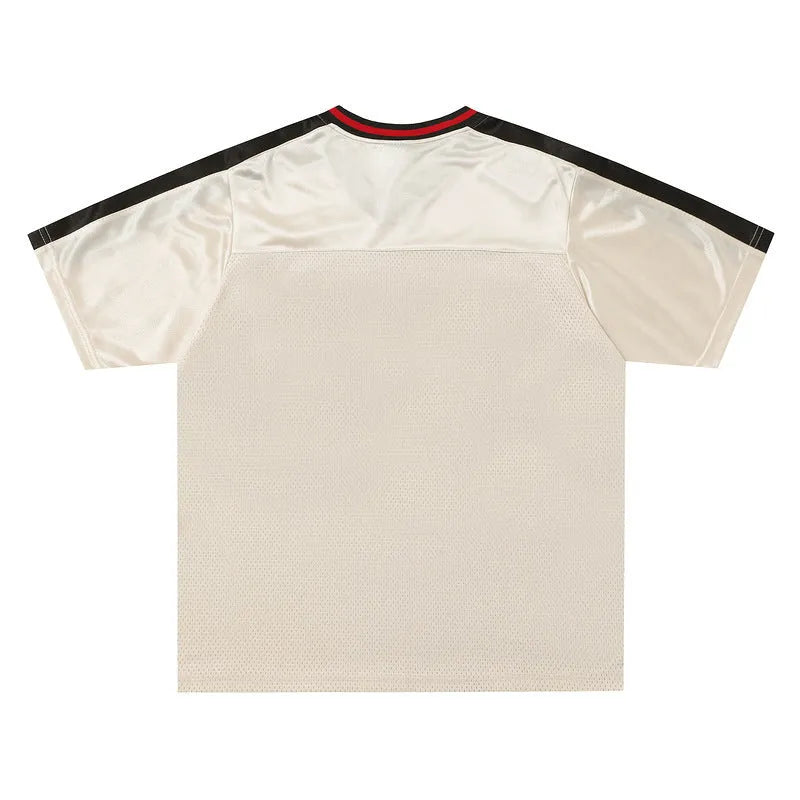Apricot sports jersey V-neck top with drop-shoulder sleeves and letter pattern