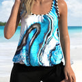 Blue tie-dyed floral split pattern women's swimsuit in briefs style with plus size options