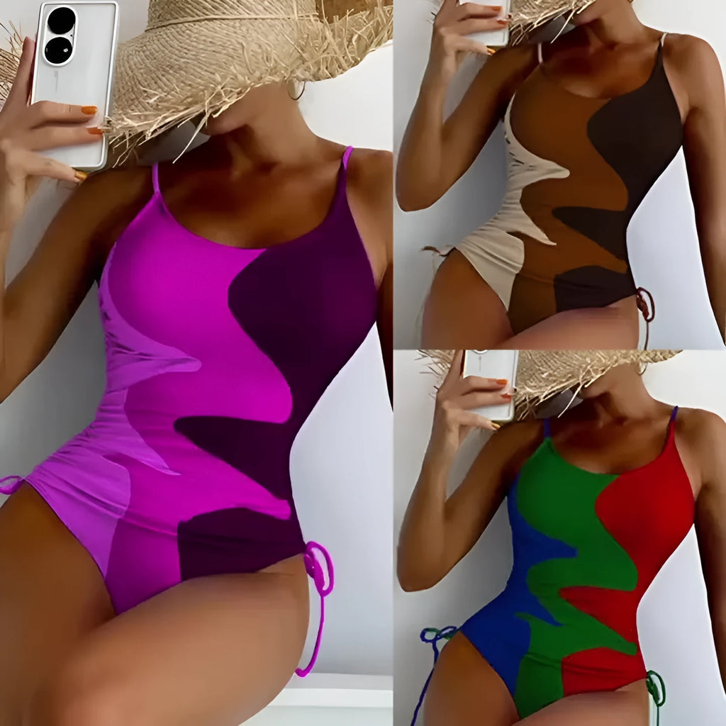 Women's sleeveless backless one-piece swimsuit in blue, shown in a solid colour style.