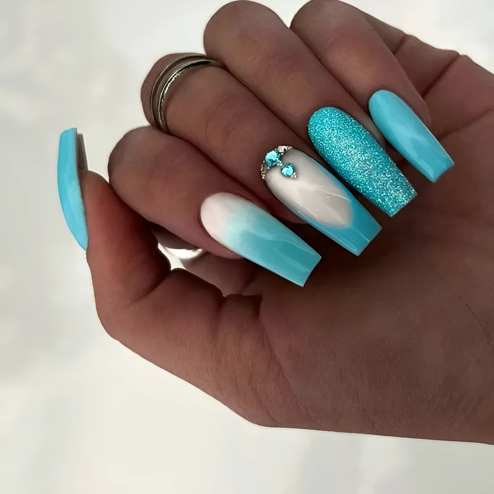 Smart blue diamond solid colour long ballet acrylic nail patches with adhesive glue