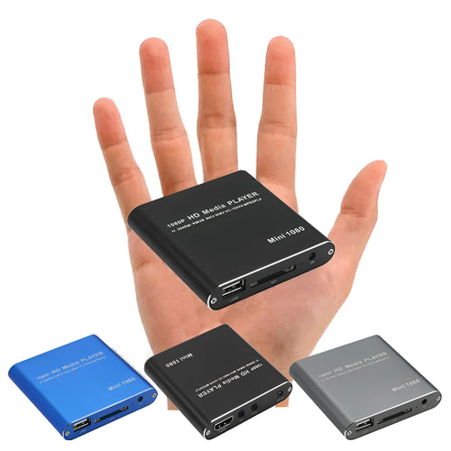 1080p Full HD media player with compact metal housing in black or blue colour