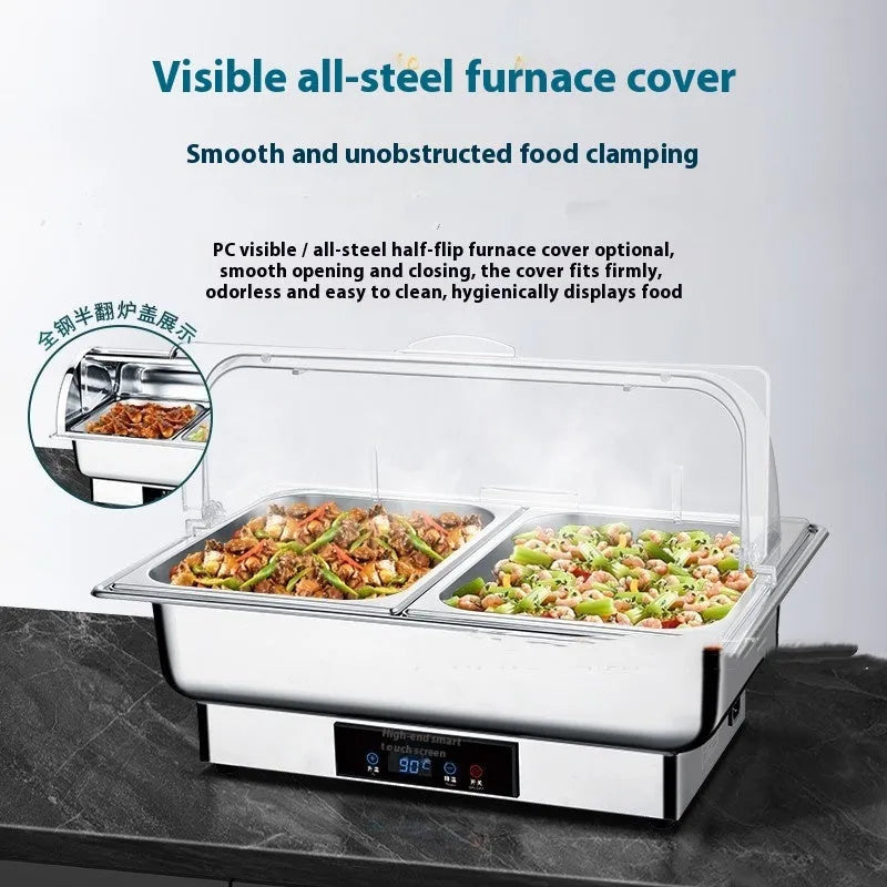 Stainless steel electric buffet food warmer with LCD screen and transparent flip-up lid
