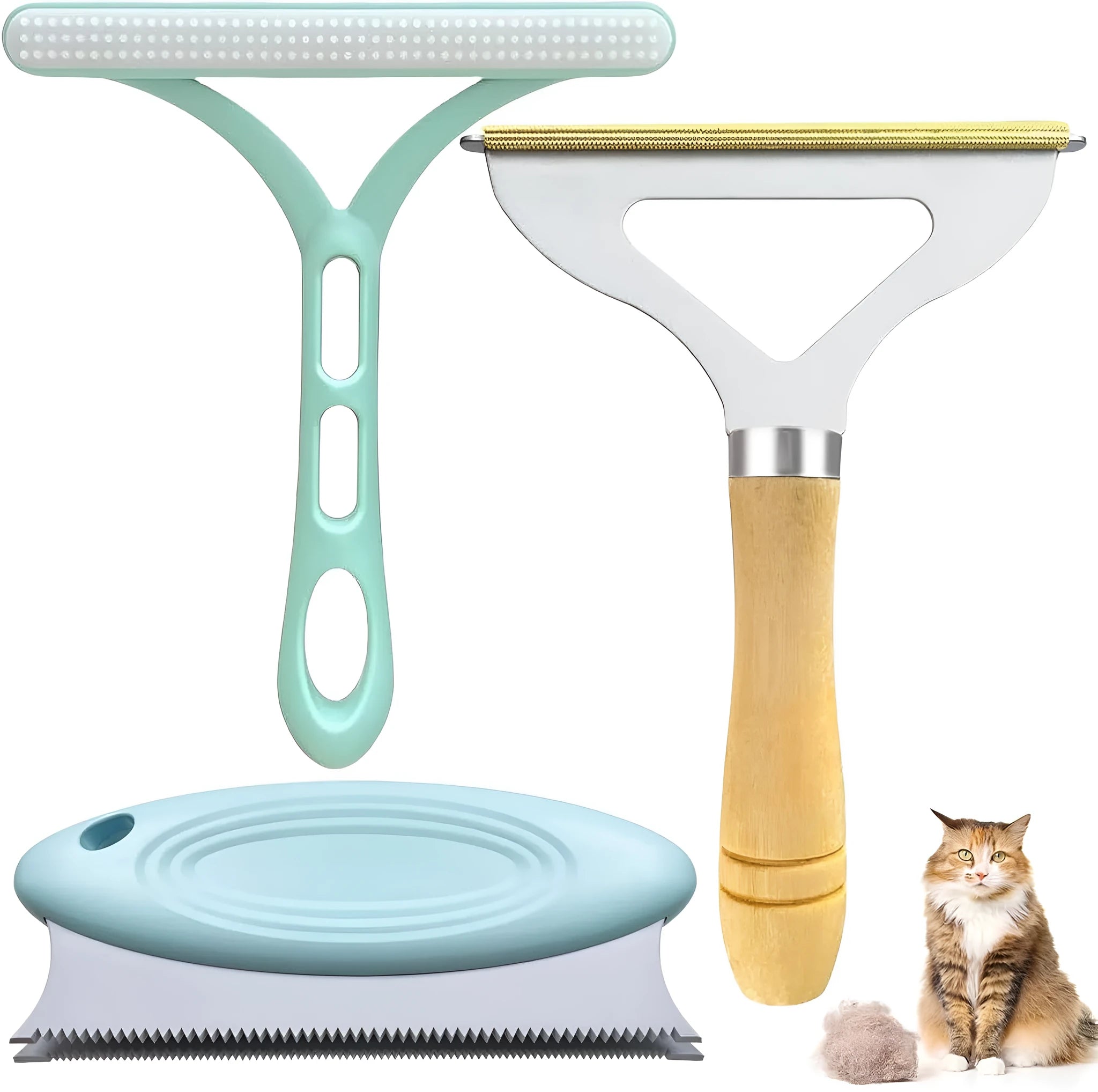 Three-piece pet hair remover set with copper shaver, silicone lint brush and round ABS scraper.