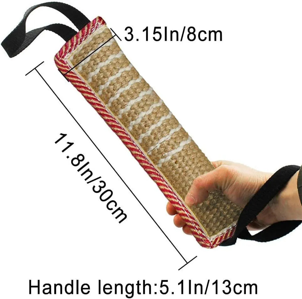 Beige jute dog tug toy with two fabric handles for interactive tug-of-war training