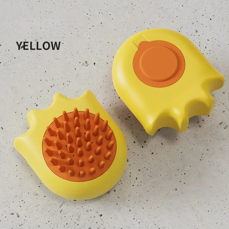 Blue pet bath brush with integrated shampoo box measuring 9cm long with massage comb bristles for dogs and cats