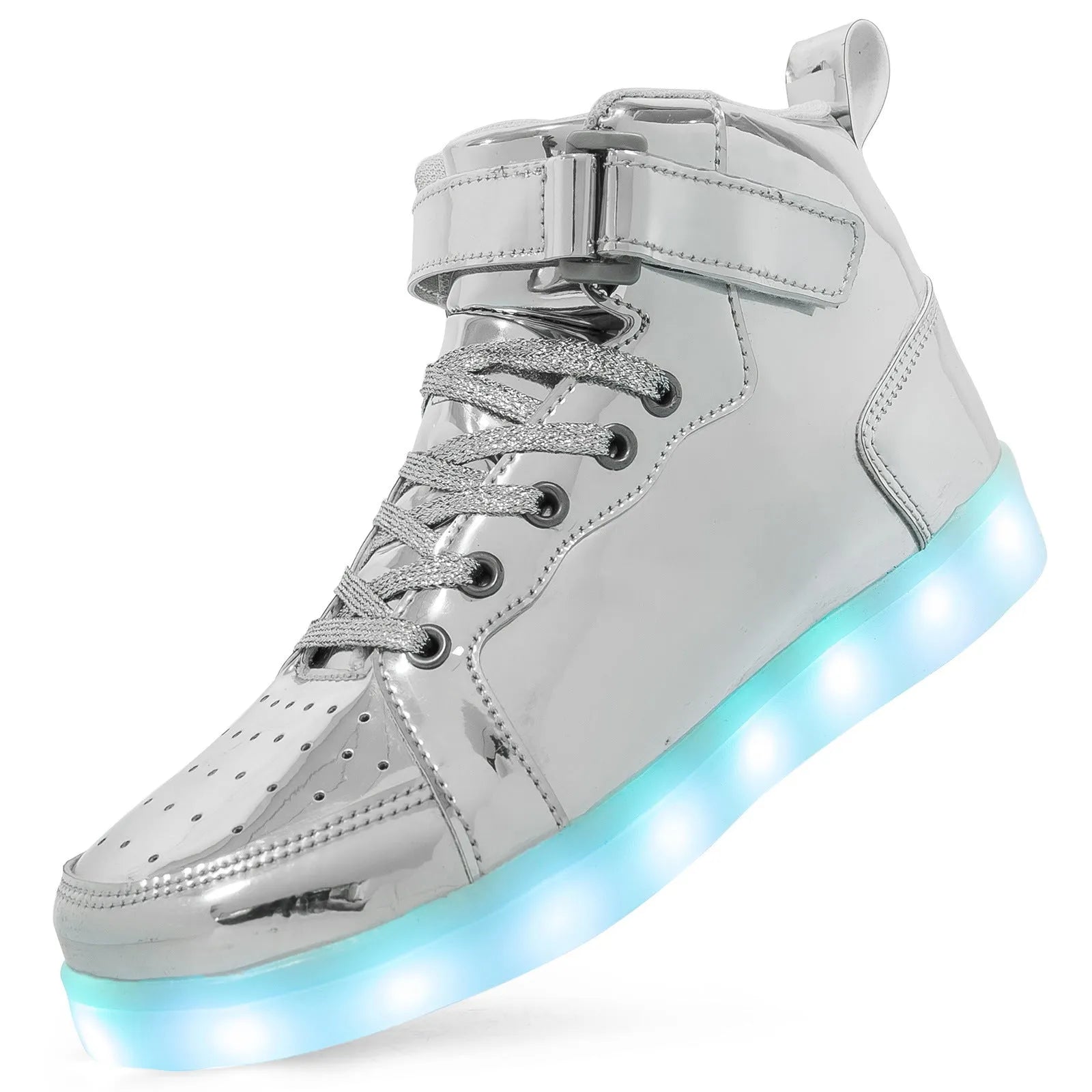 Pair of black high-top sneakers with illuminated LED lights and Velcro strap.