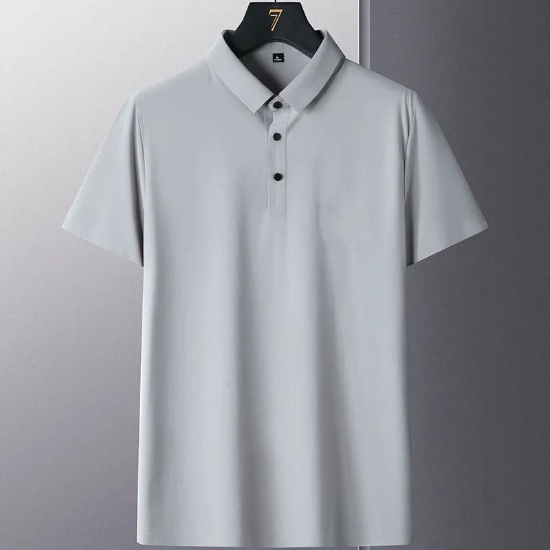 Men's solid colour non-ironing business casual short sleeve shirt on a hanger.