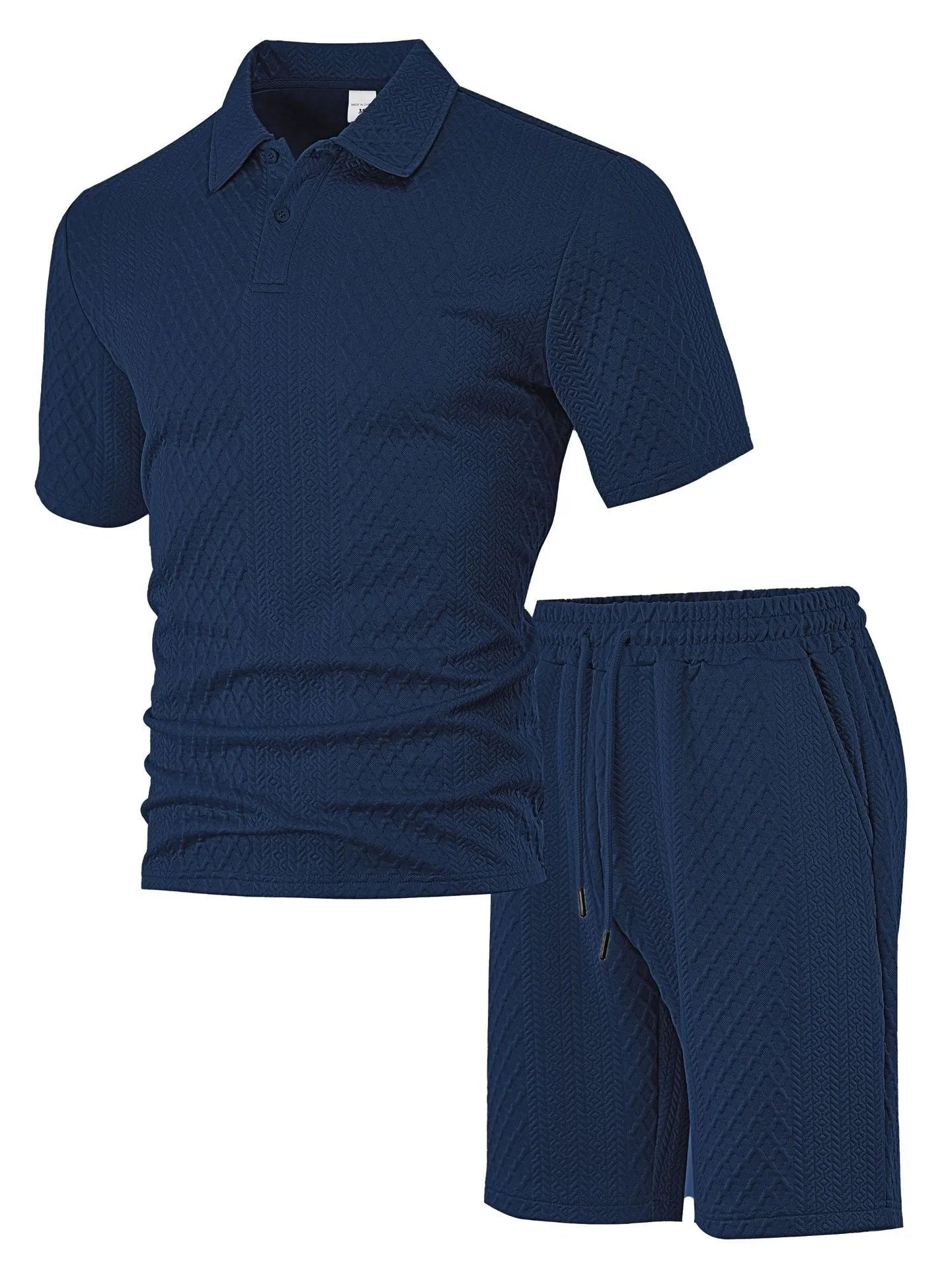 Men's patterned cloth casual suit comprising a short sleeve polo shirt and trousers on a hanger.