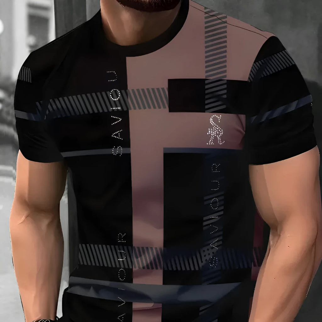 Man wearing a loose-fit short sleeve t-shirt with a raised digital 3D printed stripe pattern in blue.