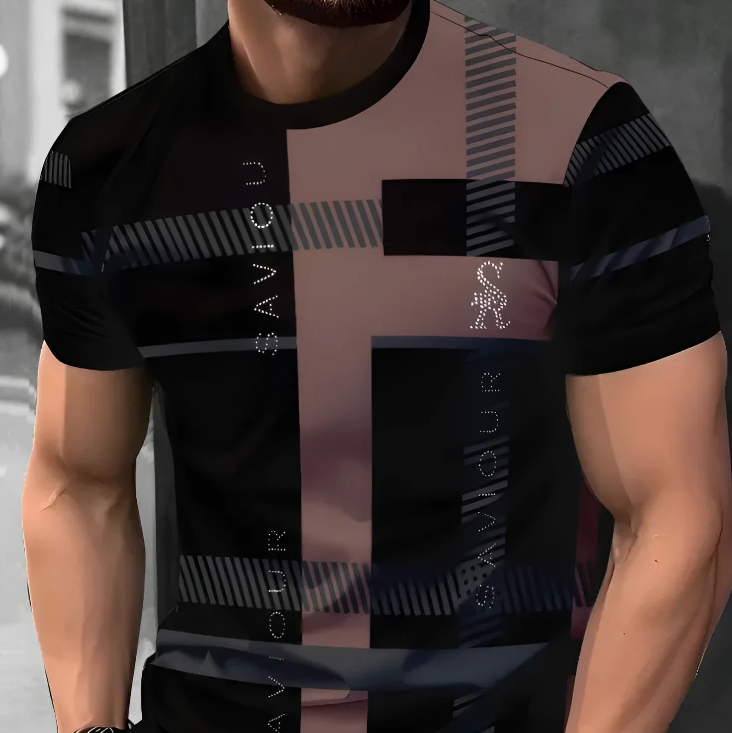 Man wearing a loose-fit short sleeve t-shirt with a raised digital 3D printed stripe pattern in blue.