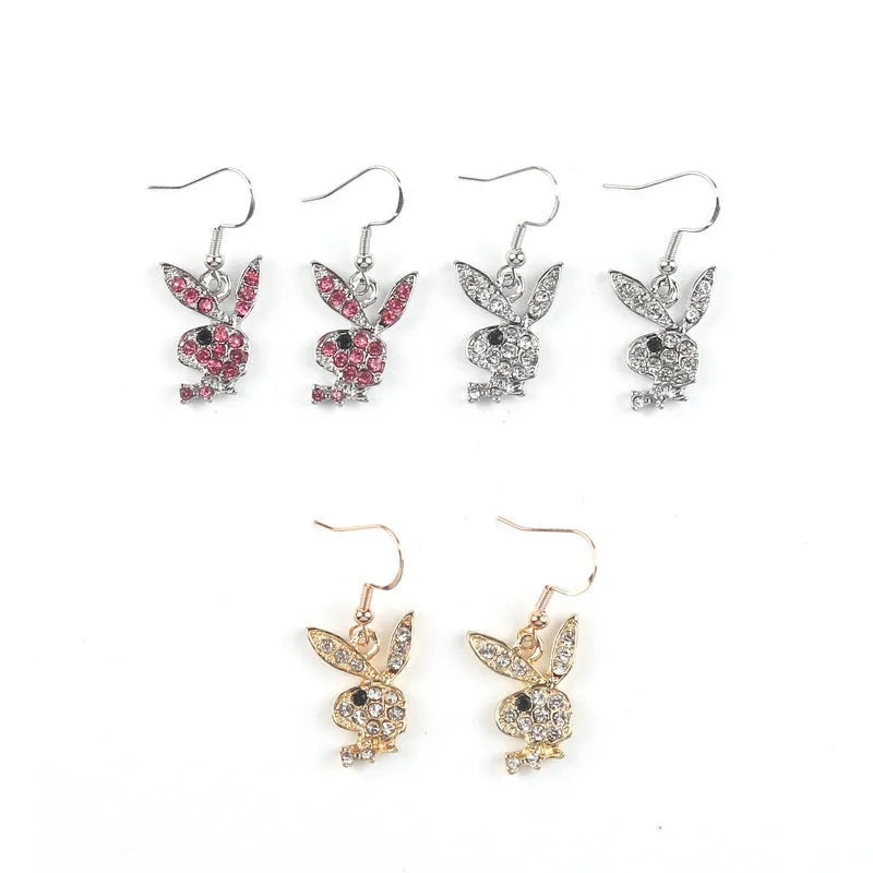 Cute rabbit stud earrings in gold, pink and silver colours with cartoon animal design.