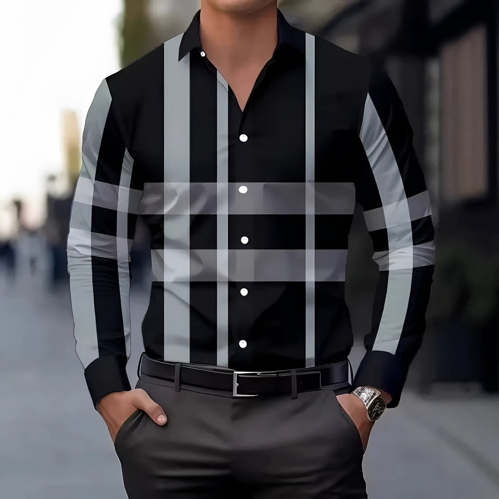 Men's striped long sleeve button-up shirt with lapel collar in polyester fabric