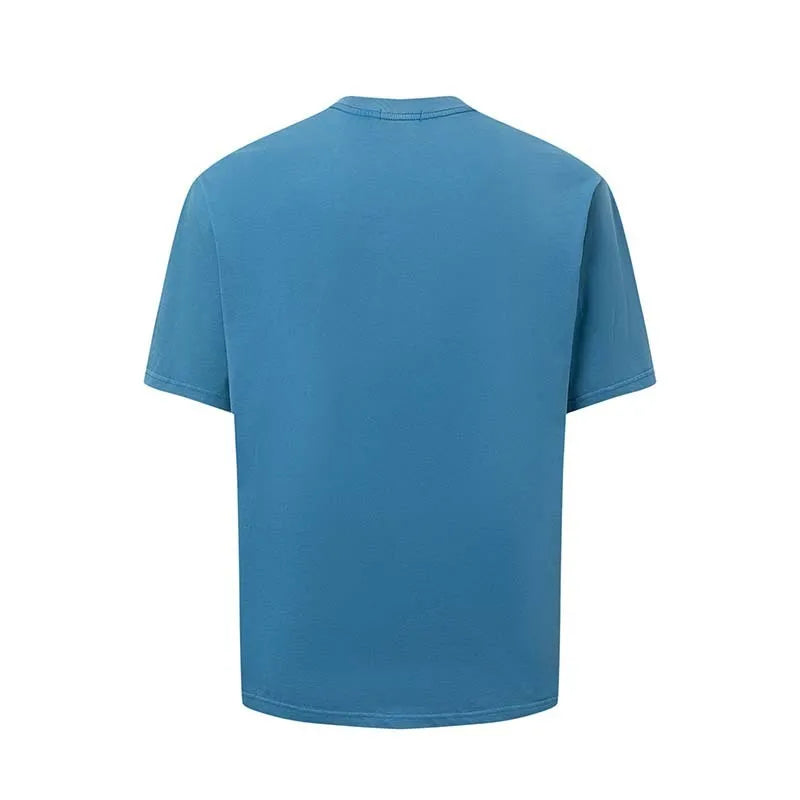 Men's blue American retro style loose-fit T-shirt with large white letter printing on the front.