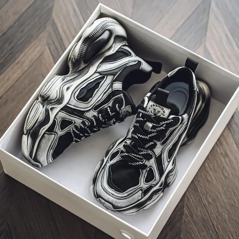 Men's black mesh sneakers with platform heel and lace-up closure for height increase and running