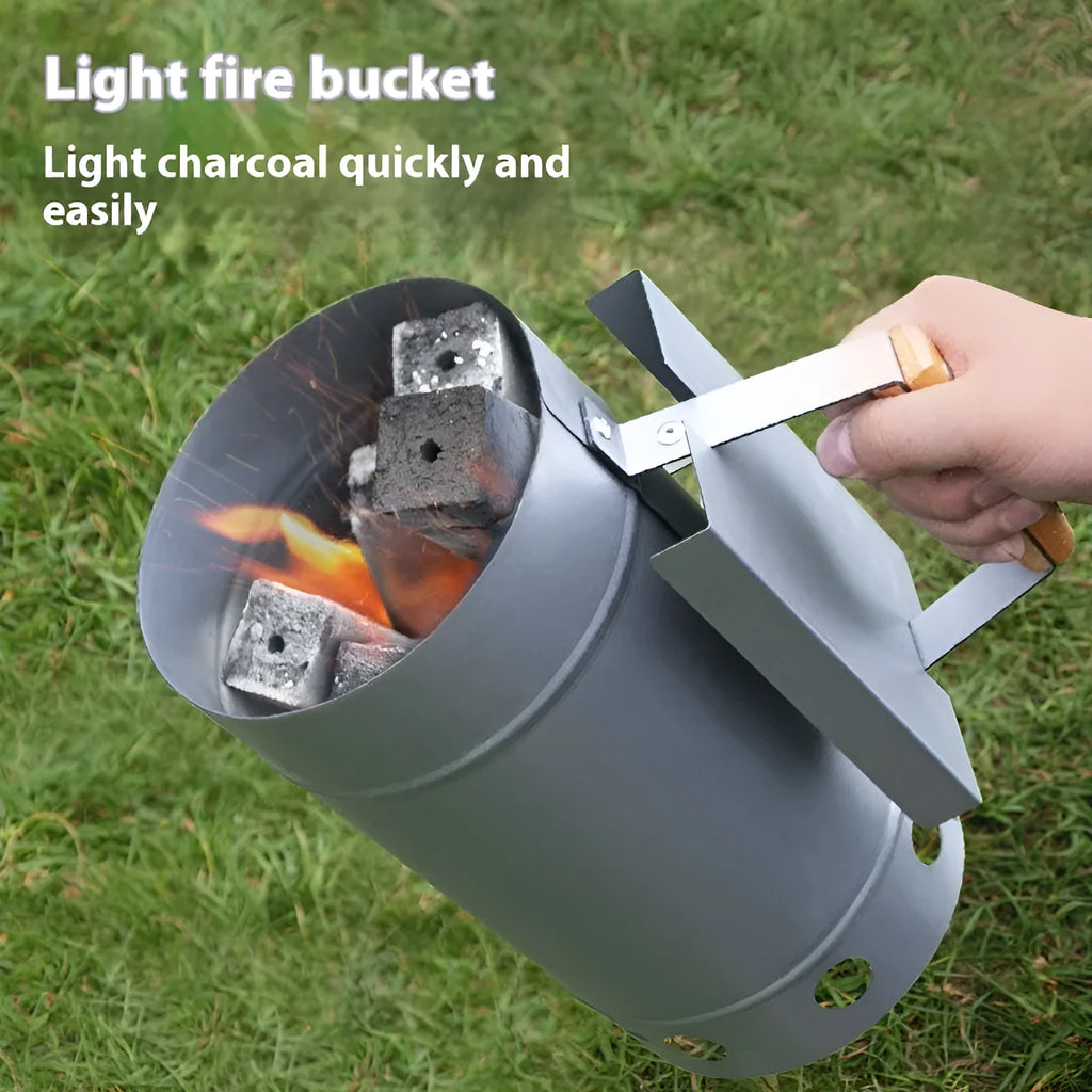 Zinc-iron alloy charcoal fire igniter with charcoal bucket design for outdoor barbecues