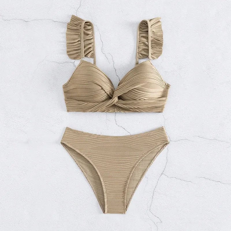 Solid black and khaki women's two-piece bikini swimsuit on hanger
