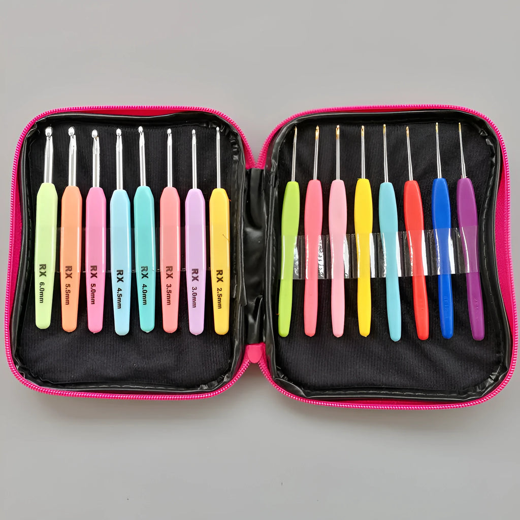 Set of 16 crochet hooks with two handle types in a black PU storage pouch.
