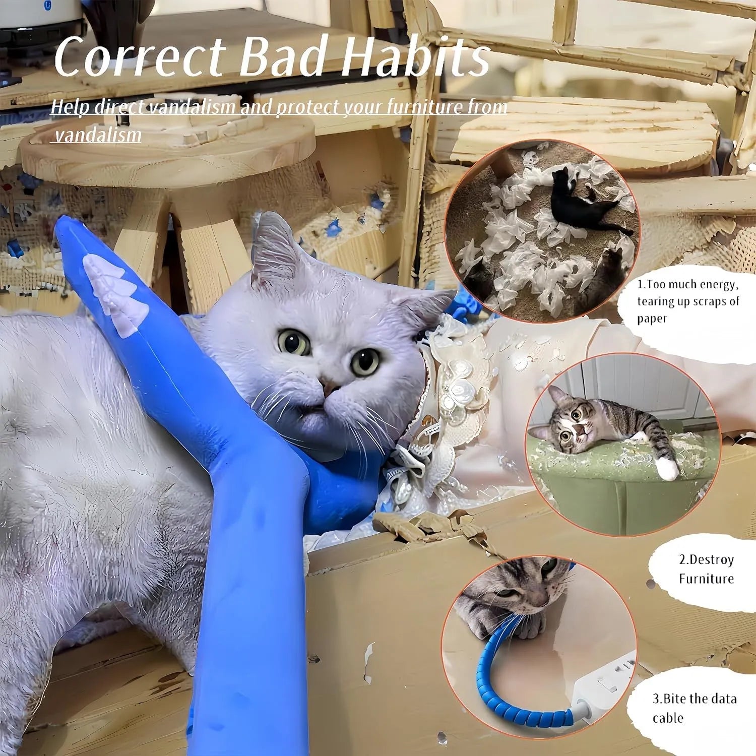 Blue and pink plush cat wand toy with a 70cm handle for interactive pet play.