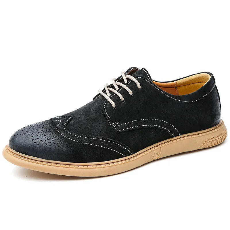 Men's black genuine cowhide leather low top business shoes with lace-up design and rubber sole.