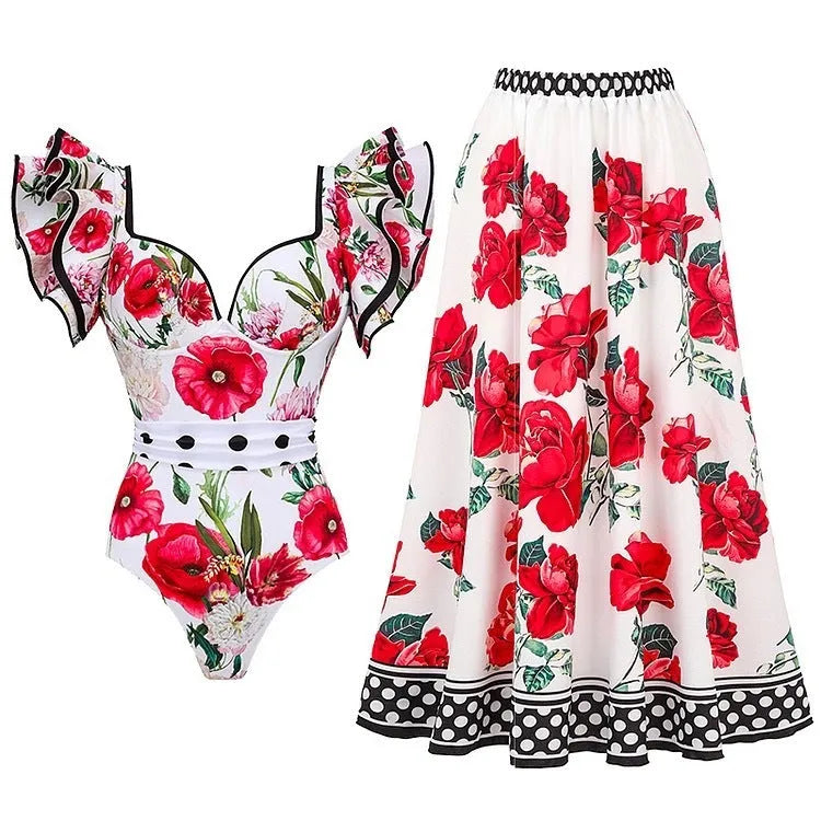 Women's printed one-piece swimsuit with a matching skirt cover-up in a rose pink floral pattern.