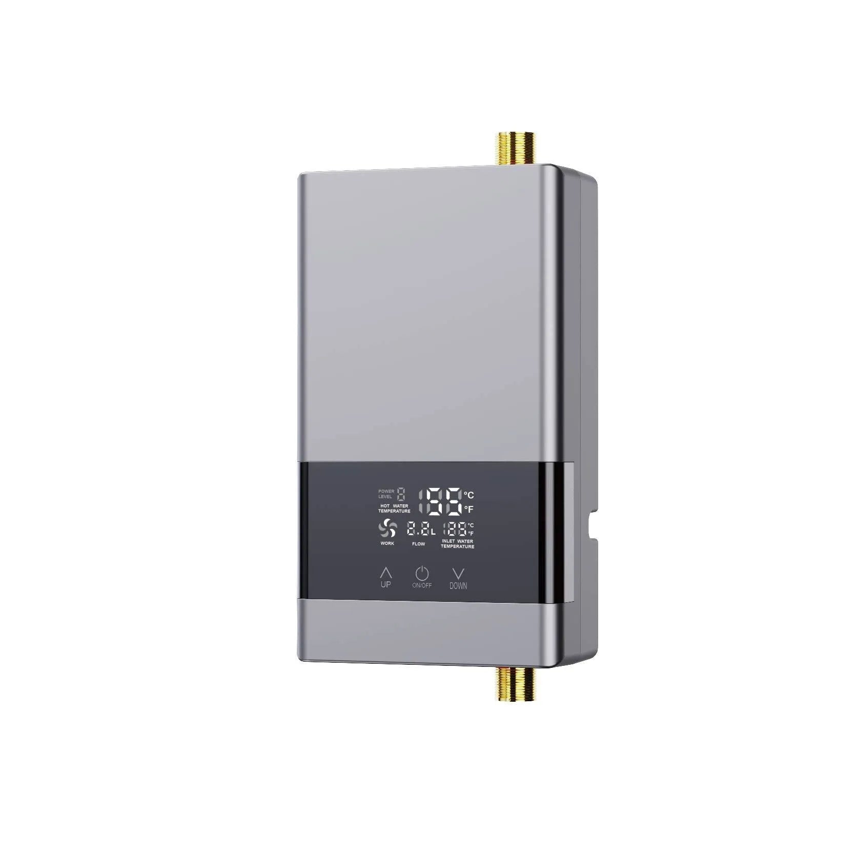 Small constant temperature water heater in gold, silver, or white with LED touch screen display