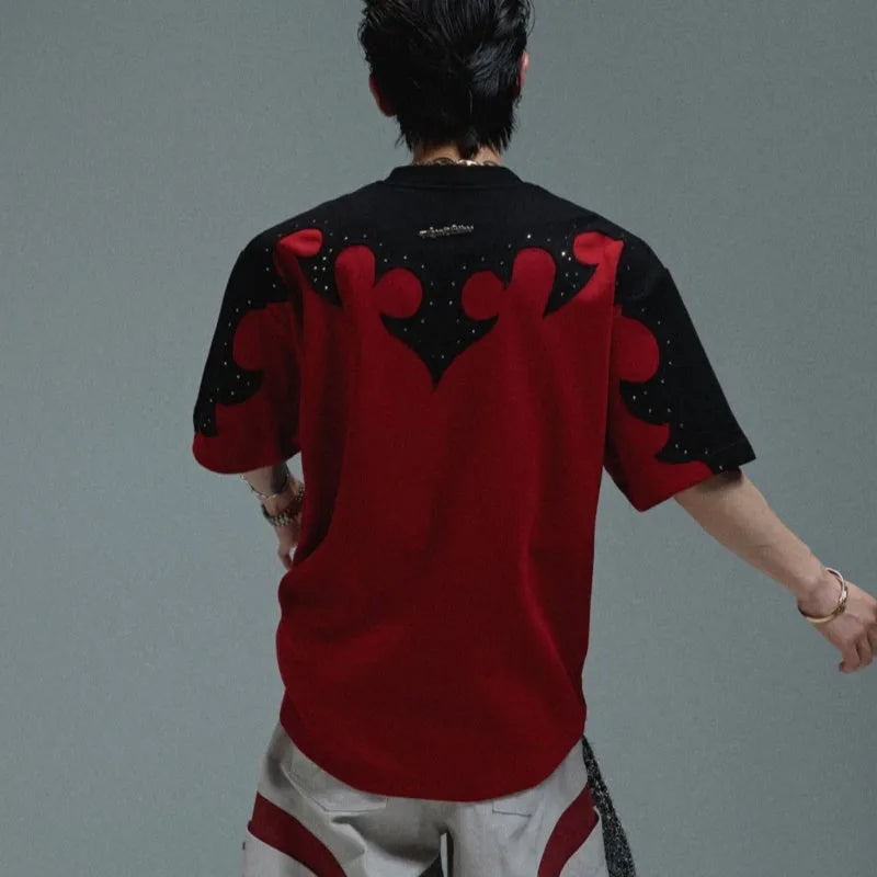 Men's red cotton t-shirt with three-dimensional stitching and rhinestone flower decoration, round neck with short drop-shoulder sleeves