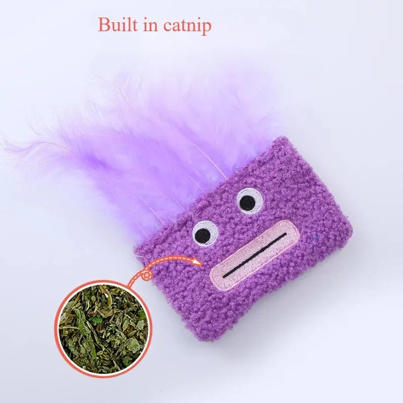 Colourful catnip plush toy with big mouth explosion head shape on a soft fabric body