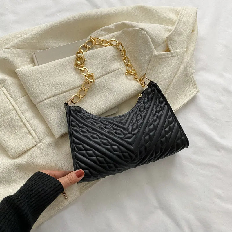 Brown PU leather pleated chain baguette shoulder bag with adjustable strap and soft carry handle