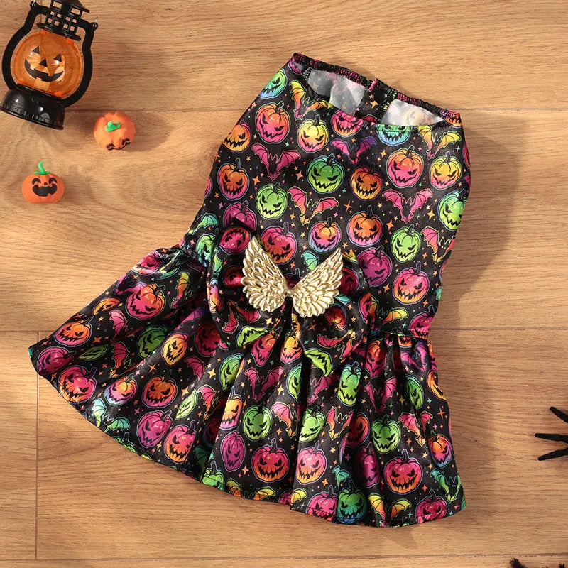 Halloween dog costume with angel wings in bright pumpkin orange or bat pattern colours