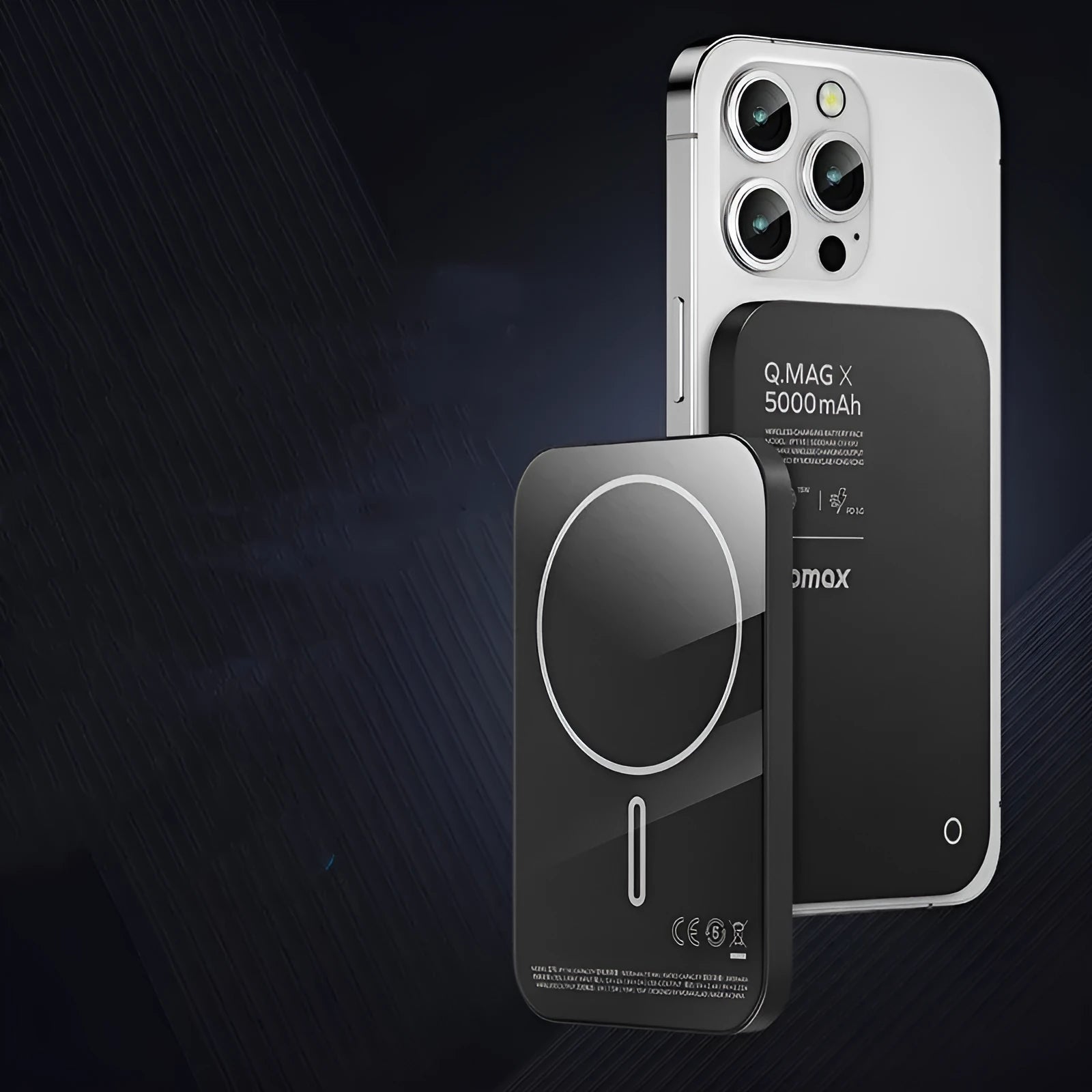 Magnetic wireless power bank with alloy metal casing in black or titanium gold colour.