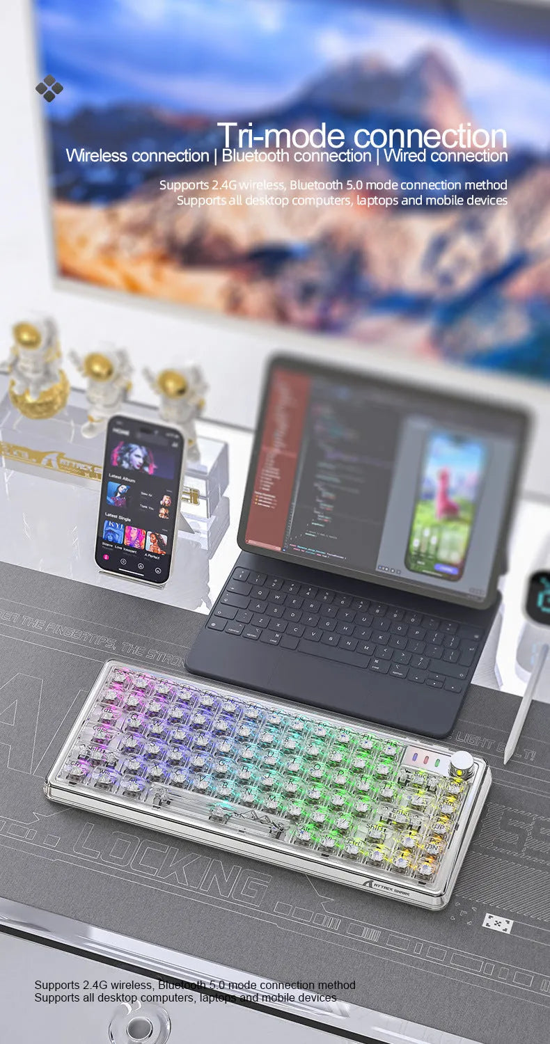Attack Shark K75 RGB wireless mechanical keyboard with transparent black case, illuminated keys, and included accessories.