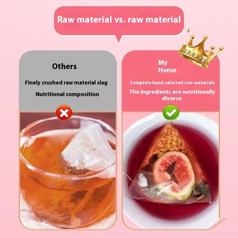 Pack of mulberry flaxseed fig tea bags for women's health with a free cup.