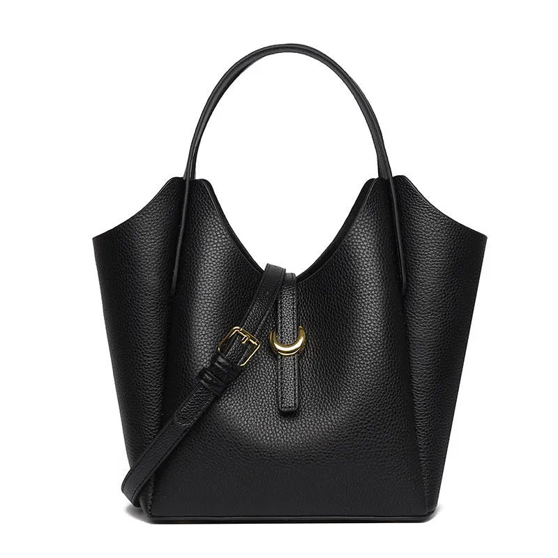 Genuine leather women's large capacity bucket bag in retro style with hand-held design