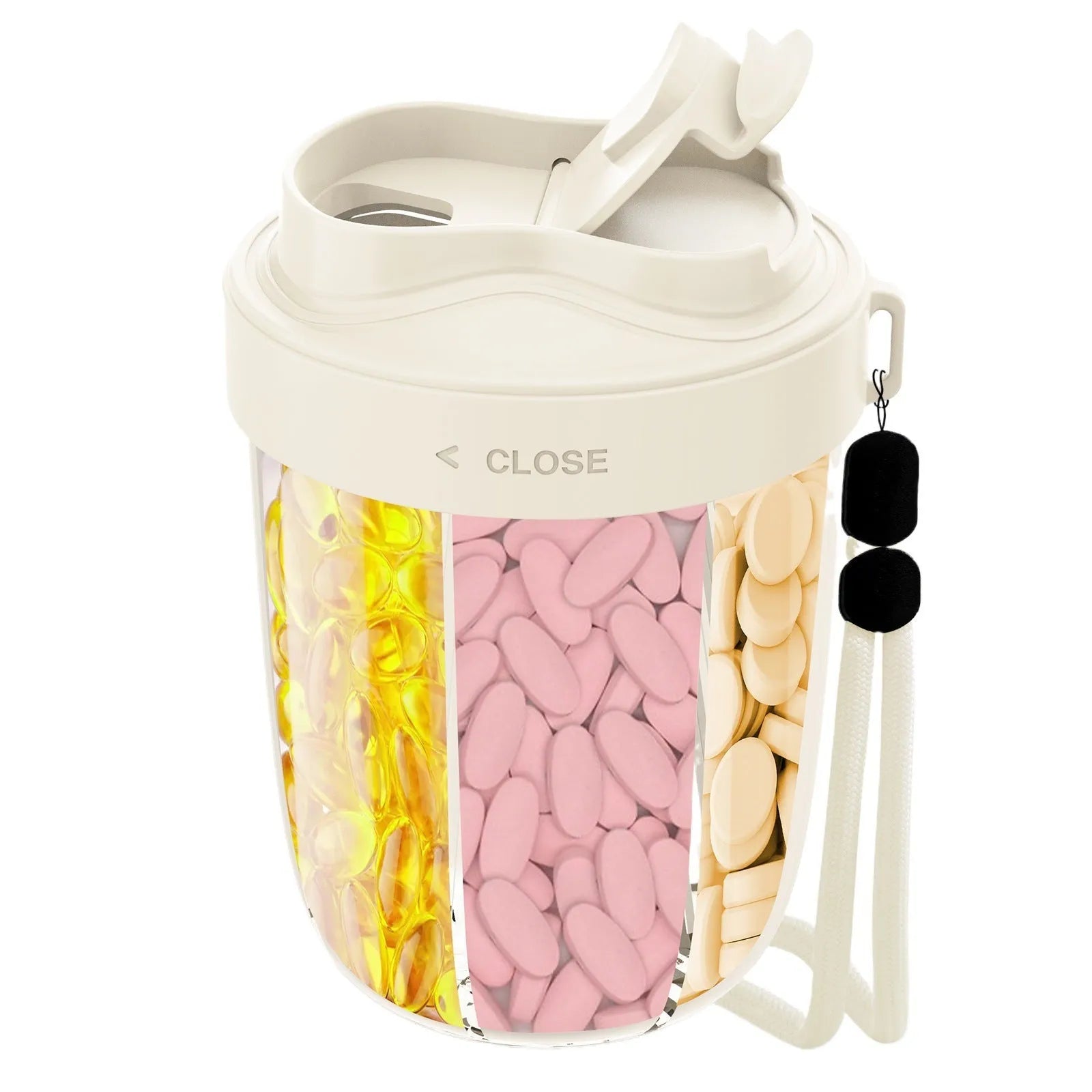 Beige plastic supplement storage box with seven compartments for tablets on a white background