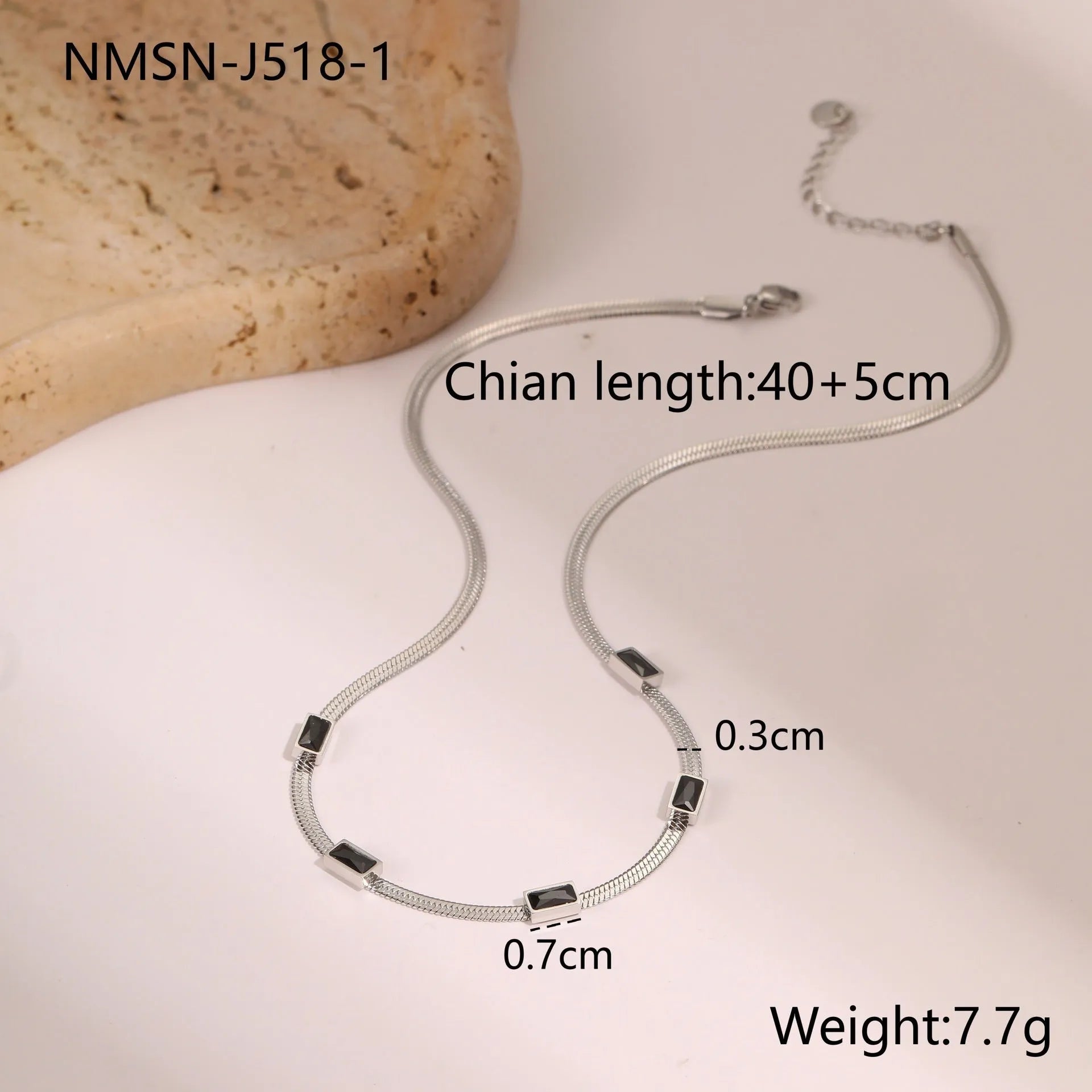 Geometric square zircon stainless steel necklace with flat snake chain in gold or steel colour