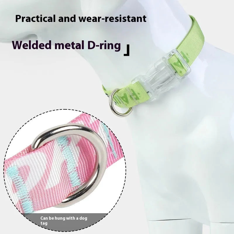Nylon dog collar with cartoon gradient pattern showing adjustable sizing and panda green colour option