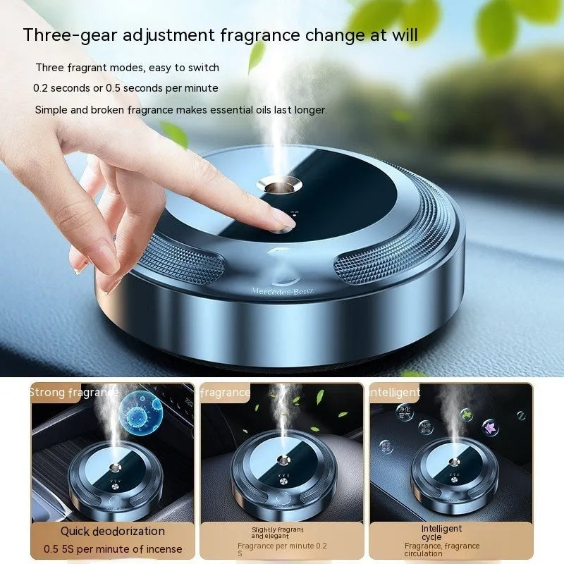 Automatic car air freshener diffuser with zinc alloy casing and three bottles of scent solution.