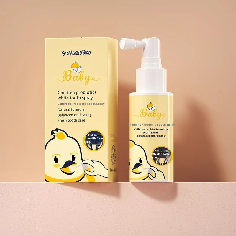 Children's probiotic white teeth cleaning spray in strawberry and orange flavours, 40ml bottle