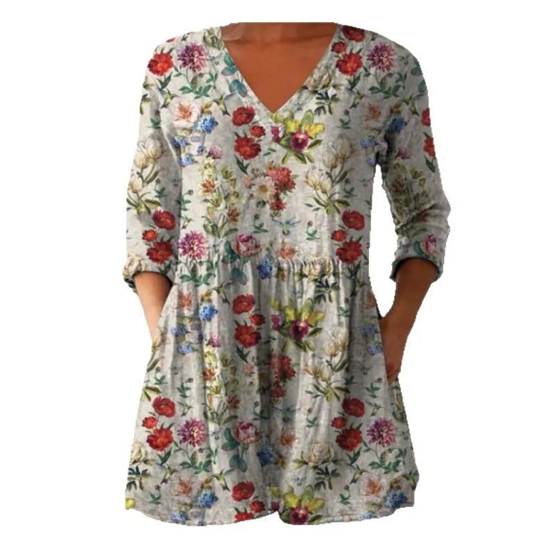 Women's printed loose wave dress with 3/4 sleeves and wide waist in polyester fabric