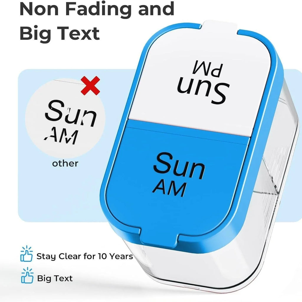 Large portable pill dispenser with 14 compartments showing disassembling function in white or rainbow colour