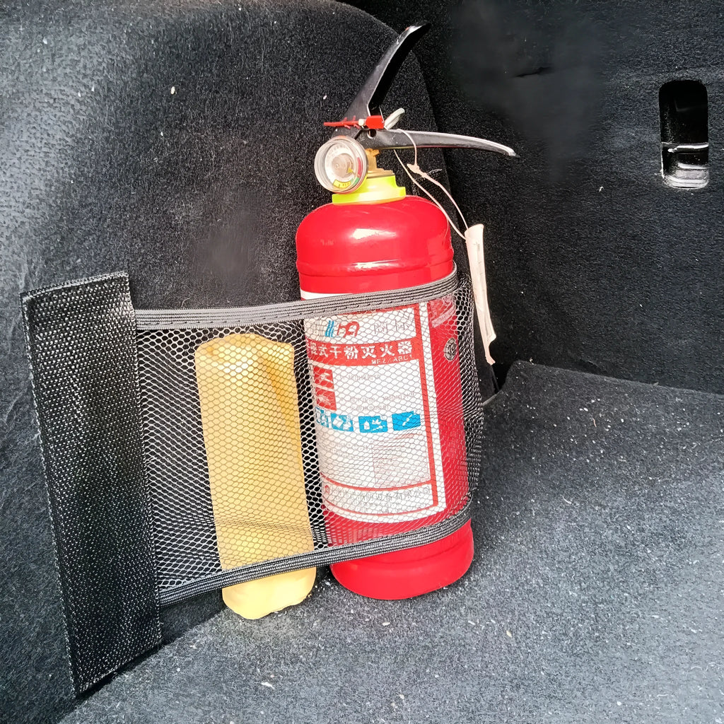 Elastic polyester car boot storage net shown in 20x45cm size securing loose items.