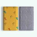 A soft cotton velvet pet blanket with a colourful dinosaur print, shown folded next to a dog bed.