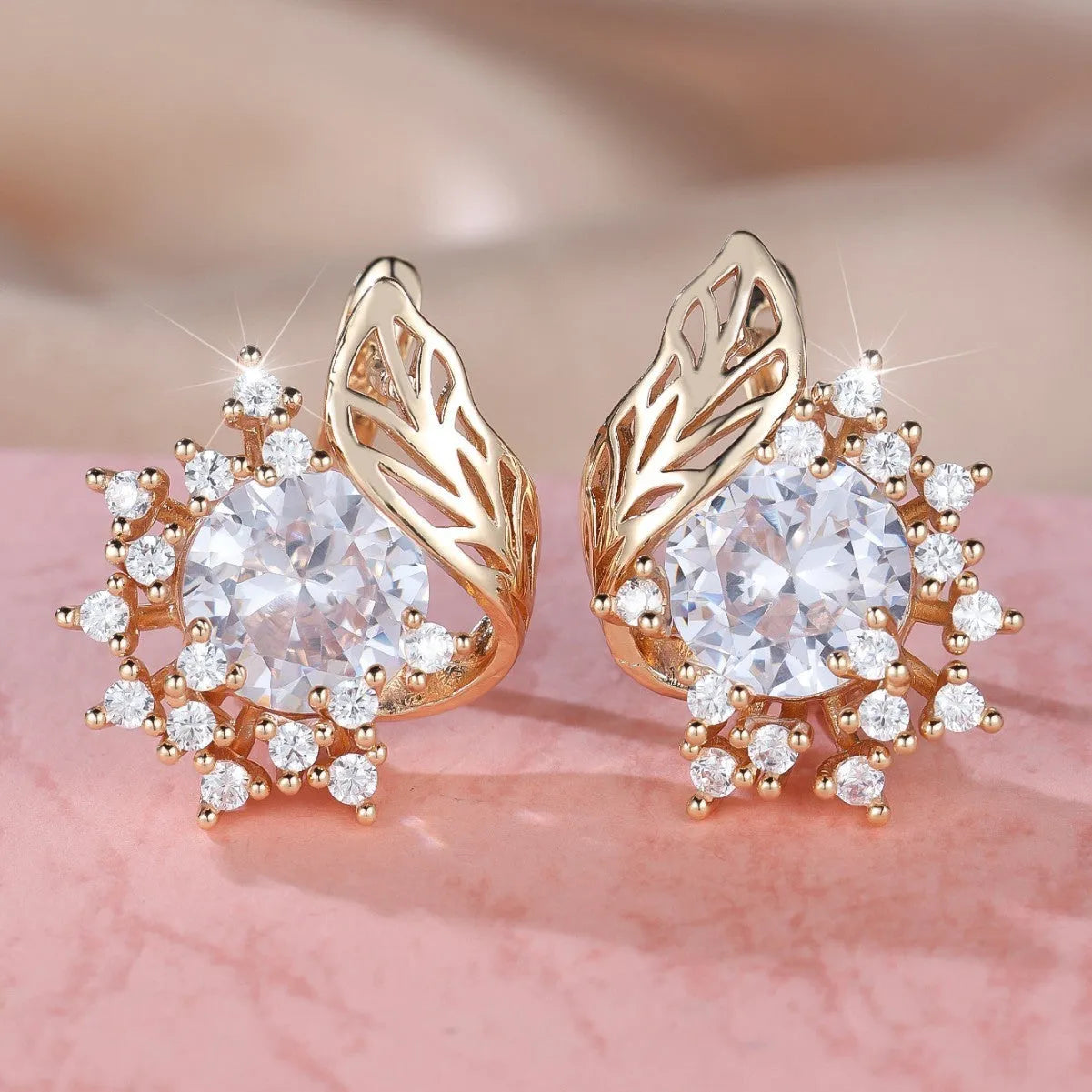 Round flowers feather zircon earrings in rose gold electroplated finish with multiple diamond colour options