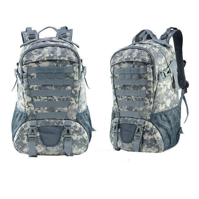 Outdoor mountaineering backpack in Oxford cloth with air pillow belt system shown in camouflage colour
