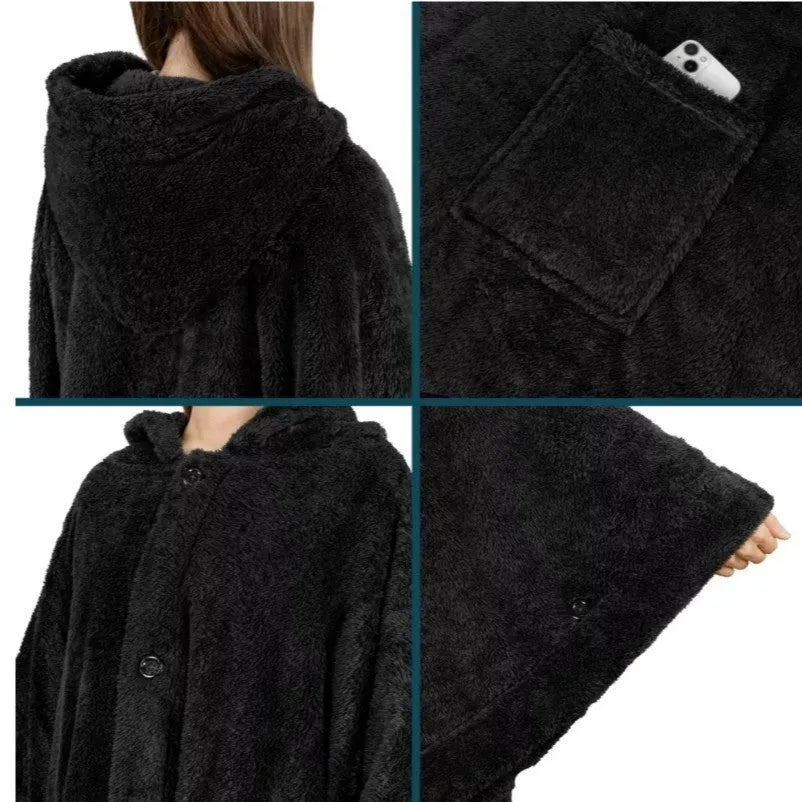 Thick hooded cloak bathrobe in black, dark grey, or pink colours with long sleeves