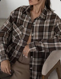 Dark brown retro striped women's shirt with long sleeves and button-up front
