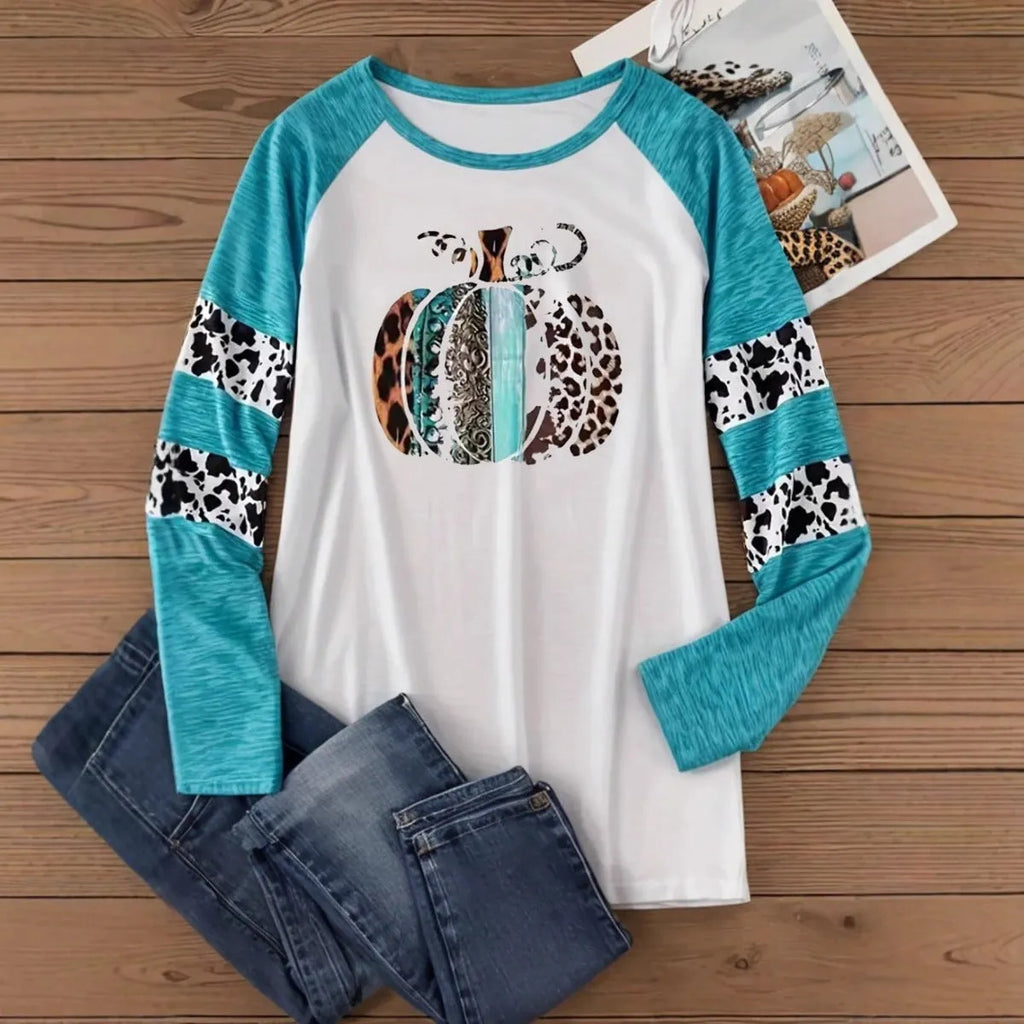 Sky blue long sleeve T-shirt with a large 3D Halloween pumpkin digital print.