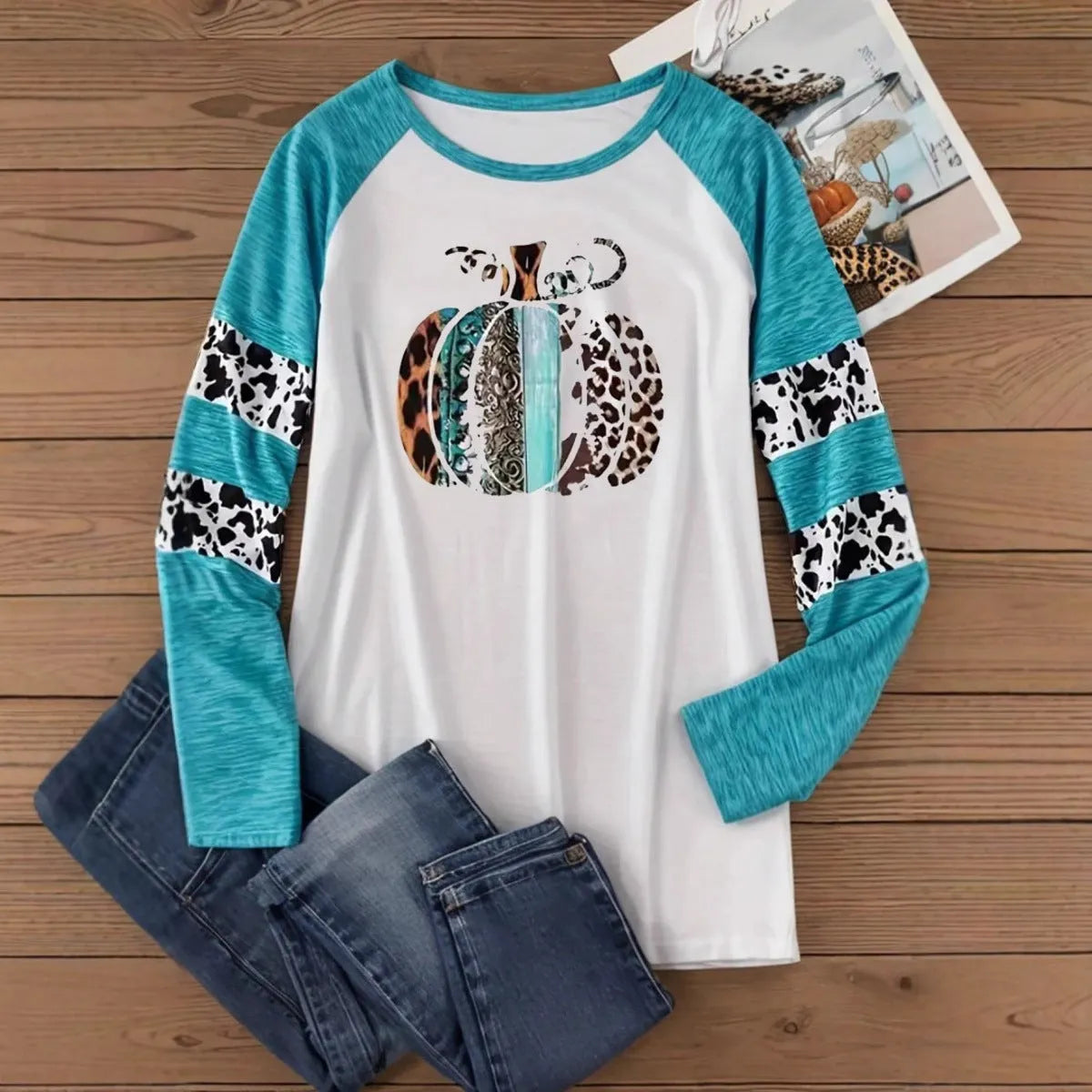 Sky blue long sleeve T-shirt with a large 3D Halloween pumpkin digital print.