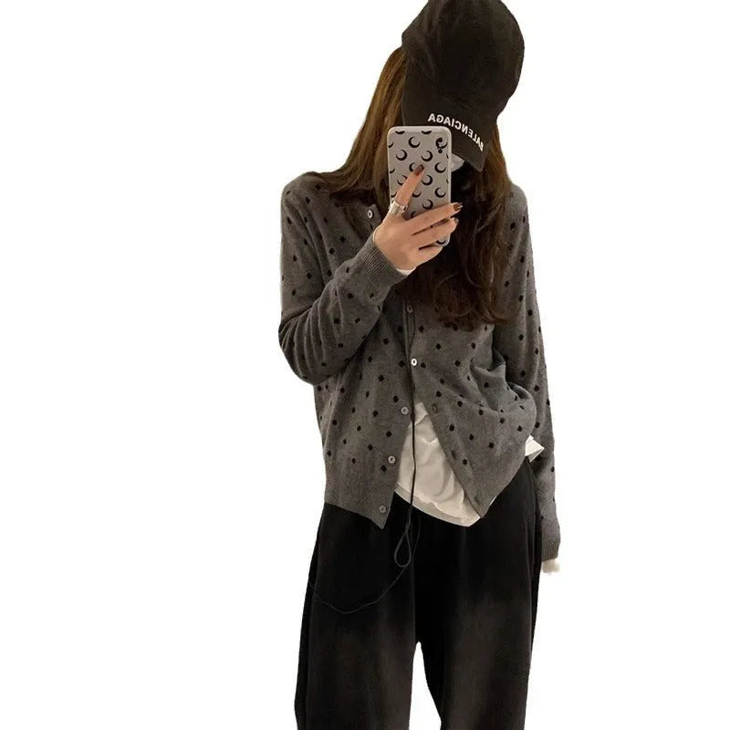 Women's Korean-inspired grey dot pattern knitted cardigan with crocheted flower details and long sleeves